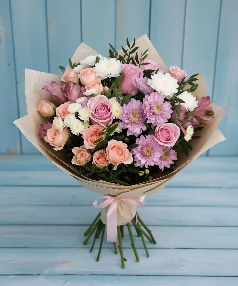 Букет цветов из: Хризантемы, Розы и Альстромерии в Красном Логе