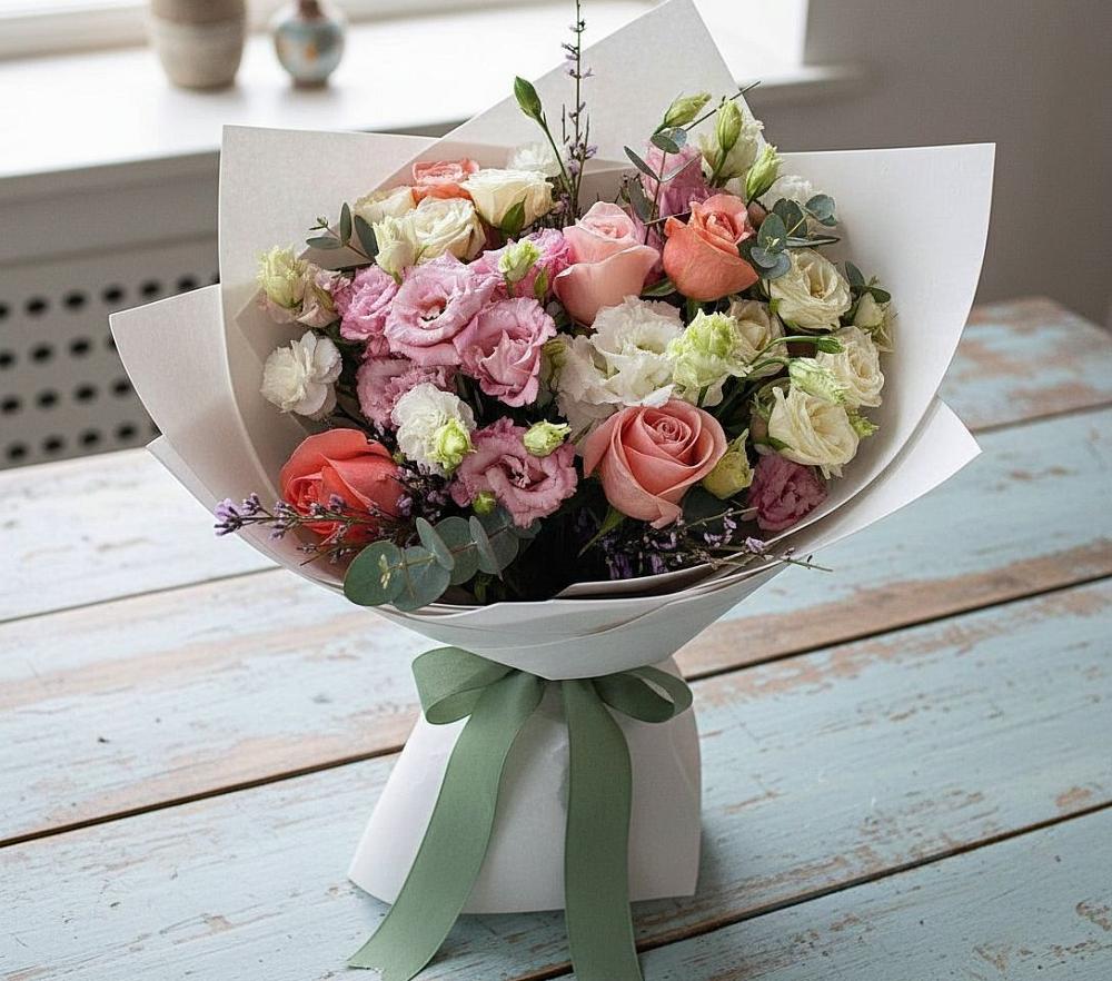 Букет цветов из: Розы, Лизиантусы и Гвоздики в Красном Логе