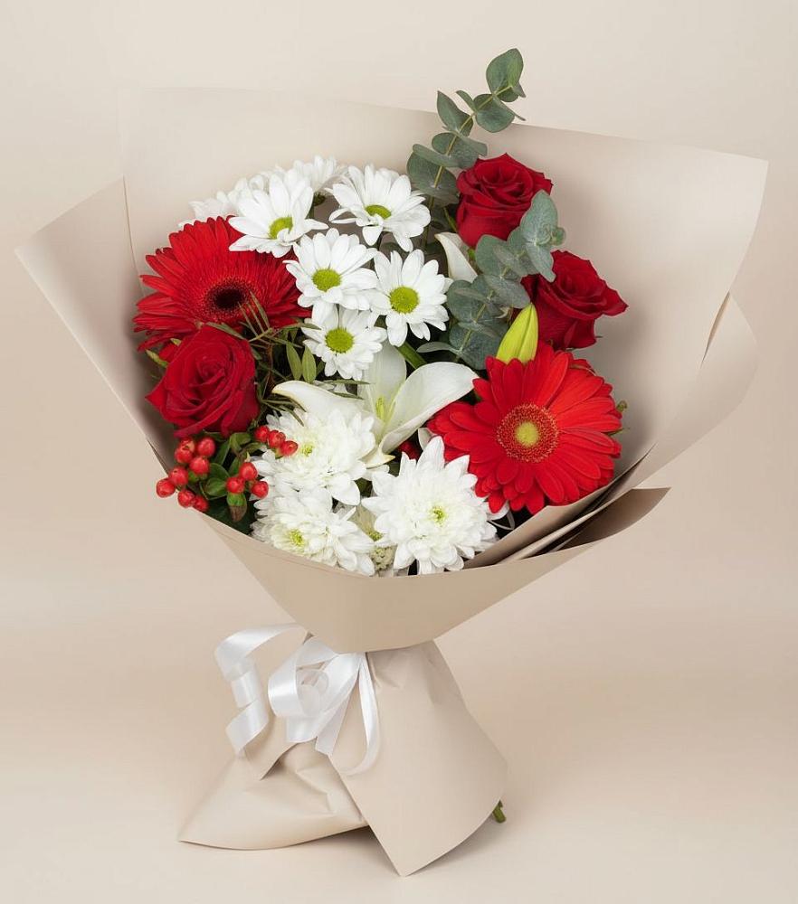 Букет цветов из: Розы, Хризантемы, Герберы и Лилии в Красном Логе