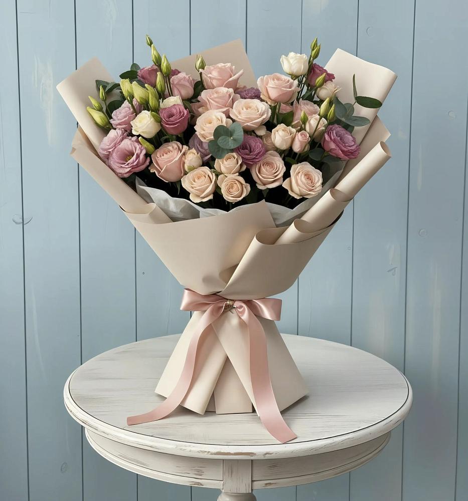 Букет цветов из: Розы и Лизиантусы в Красном Логе