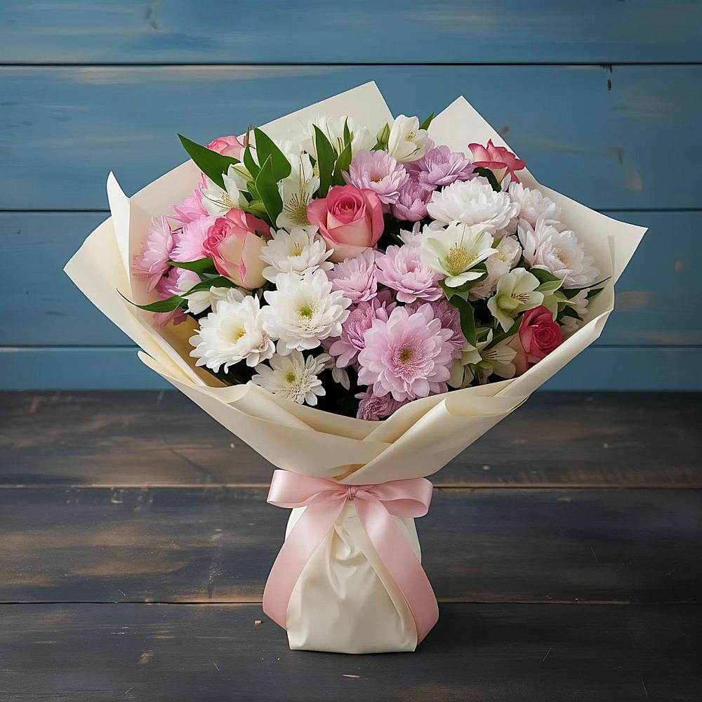 Букет цветов из: Хризантемы, Альстромерии и Розы в Красном Логе